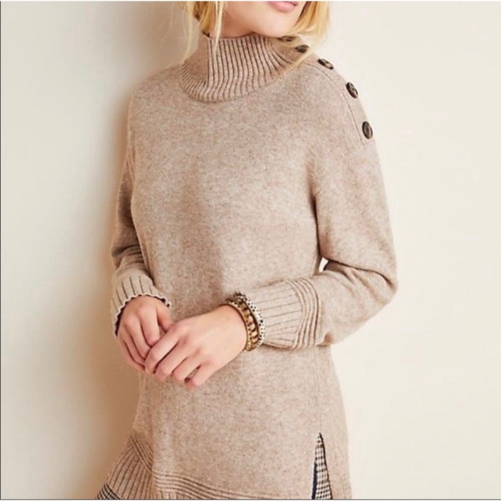 Anthropologie Margarita Tunic Sweater Tan ButtonShoulder Detail Mock Neck